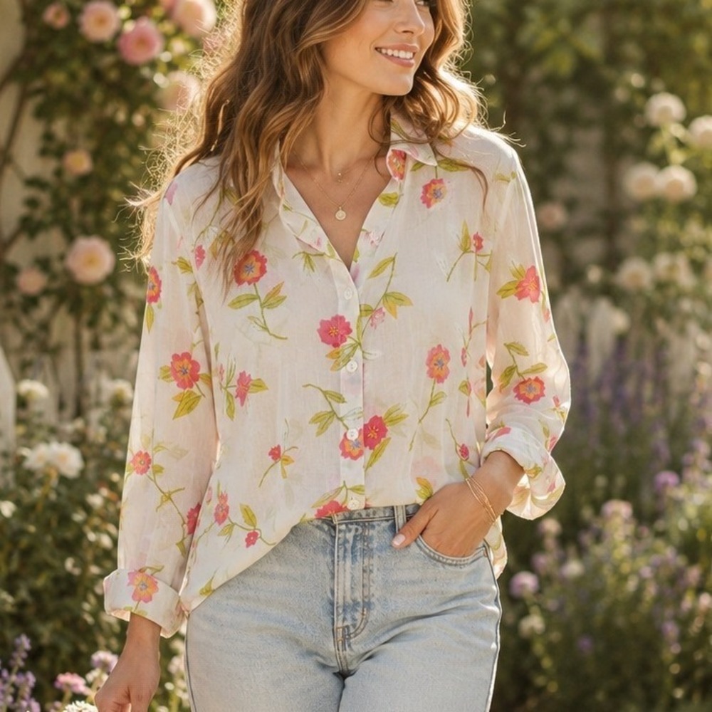 Sigrid Olsen Sport Womens XL White Floral Cotton Sheer Button Down Blouse Top